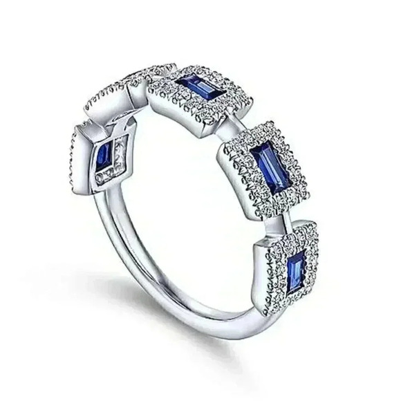 New Beautiful Sterling Silver Blue and White Sapphires Band Ring - Picture 4 of 5